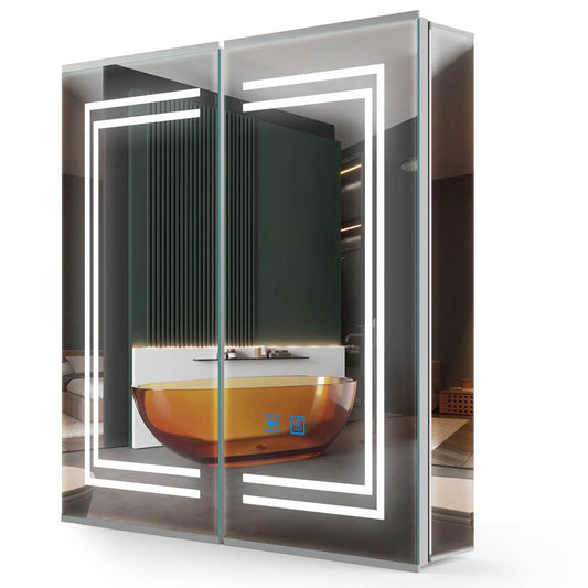 LED Mirror Cabinet with Silver Aluminum Touch-Switch Anti-fog Shaver Socket 2-Doors 63 x 65cm