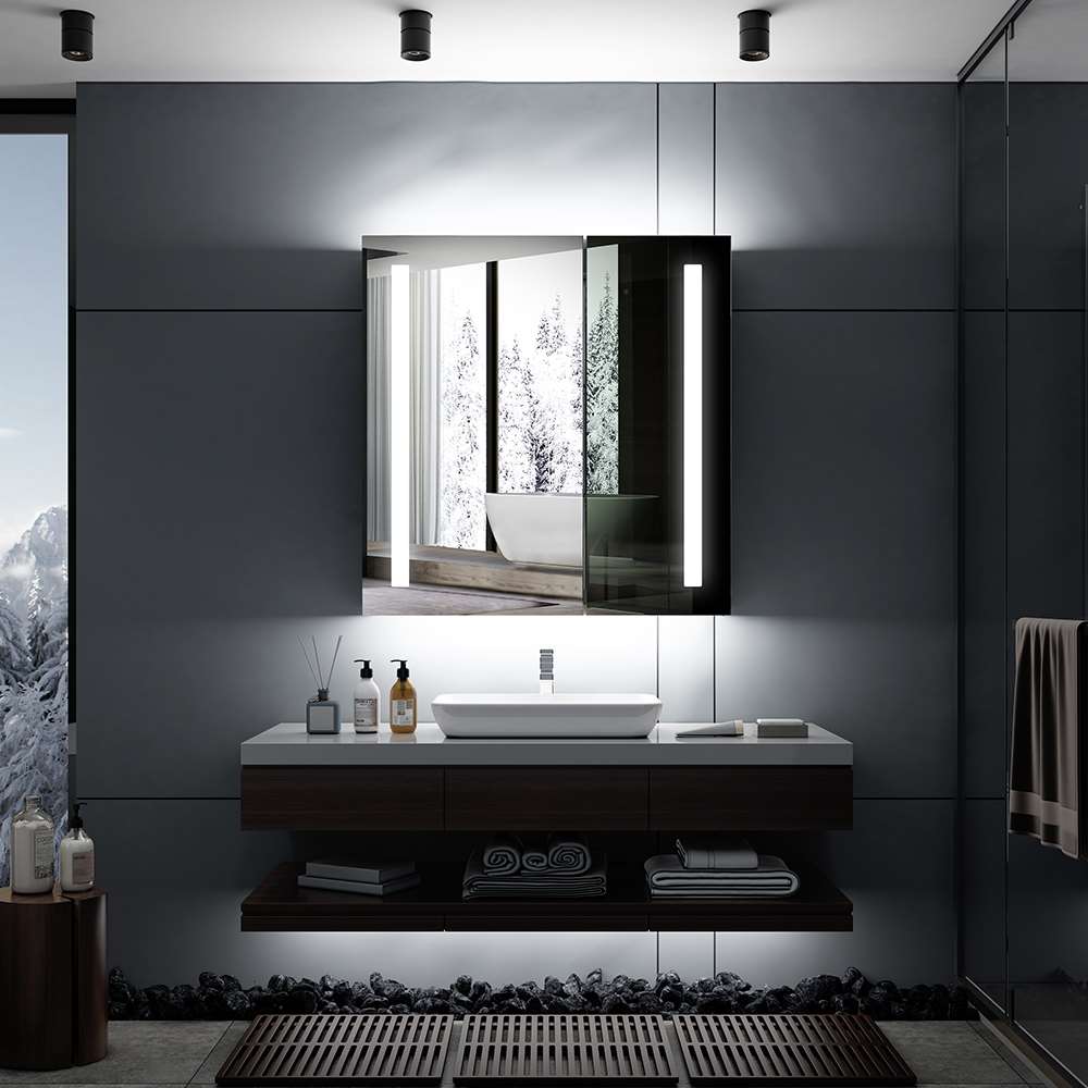 Tokvon Led Illuminated Mirror Cabinet With IR Sensor Shaver Socket USB Port 2-Door 630 x 650mm Strip Lights