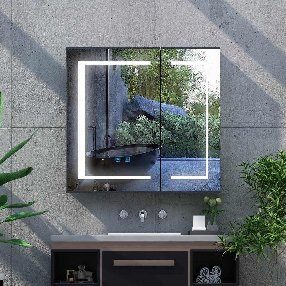 LED Mirror Cabinet with Matt Black Aluminum Touch-Switch Anti-fog Shaver Socket 2-Doors 65 x 60cm