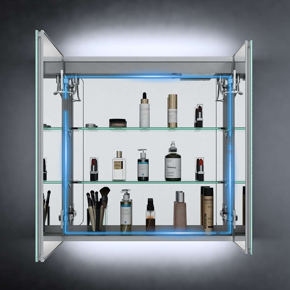 Tokvon Led Illuminated Mirror Cabinet With IR Sensor Shaver Socket USB Port 2-Door 630 x 650mm Strip Lights