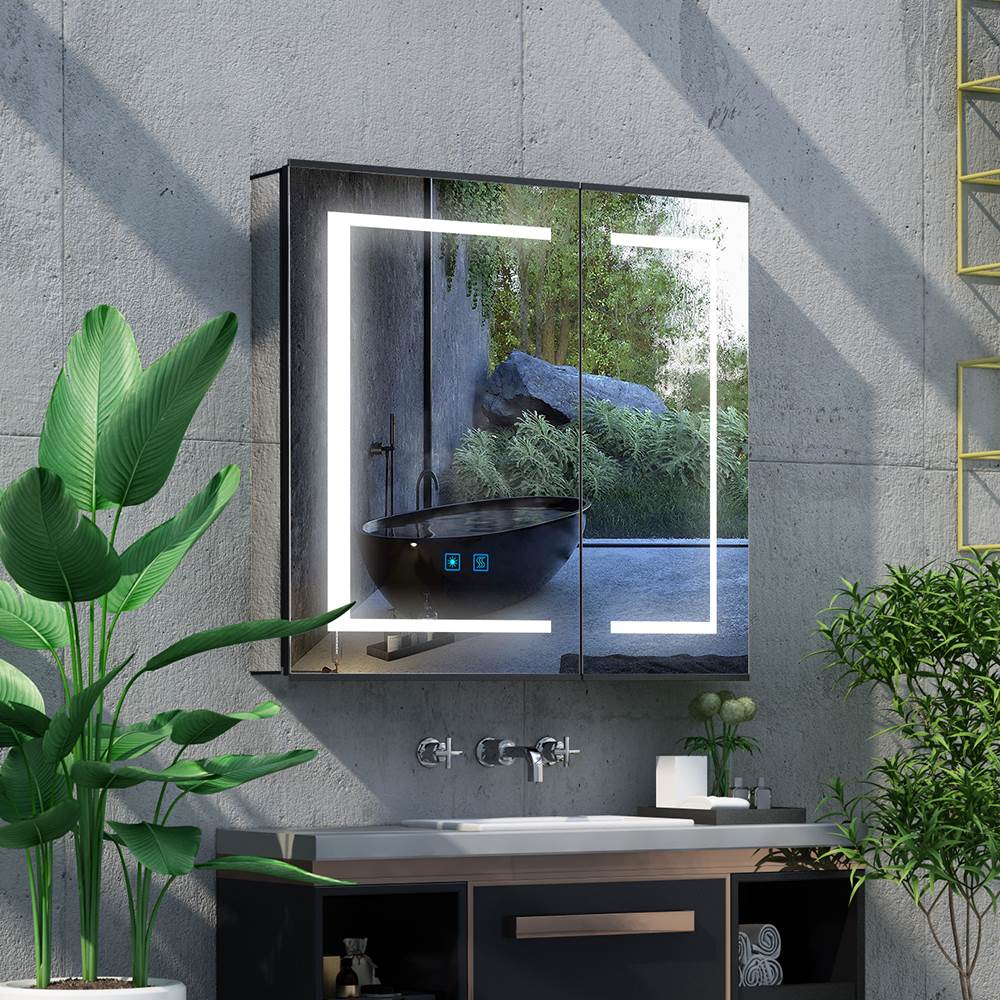 LED Mirror Cabinet with Matt Black Aluminum Touch-Switch Anti-fog Shaver Socket 2-Doors 65 x 60cm