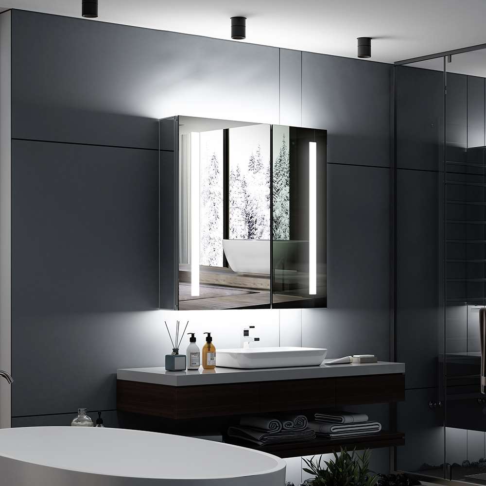 Tokvon Led Illuminated Mirror Cabinet With IR Sensor Shaver Socket USB Port 2-Door 630 x 650mm Strip Lights