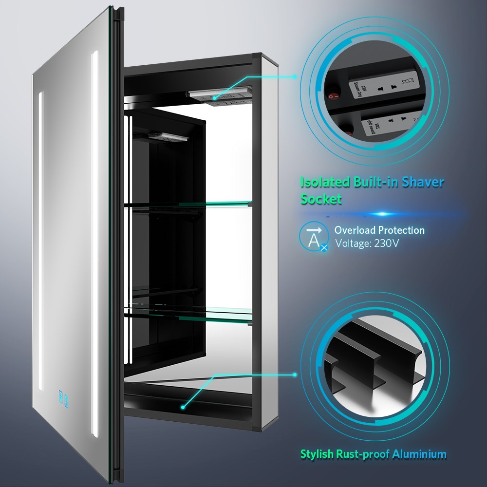 Tokvon® Rivulet led Illuminated Bathroom Mirror Cabinet Matte Black Aluminum with Adjustable Color Temperature 500 x 700mm