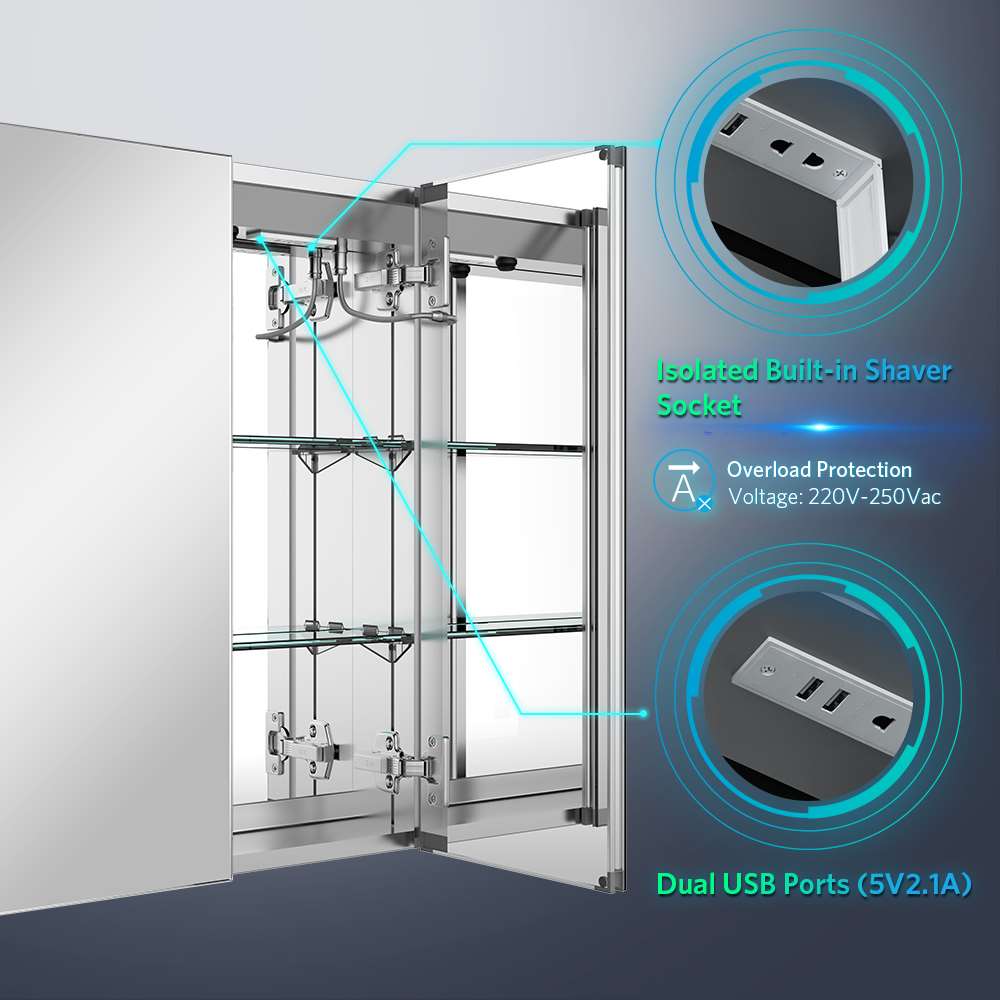 Tokvon Led Illuminated Mirror Cabinet With IR Sensor Shaver Socket USB Port 2-Door 630 x 650mm Strip Lights