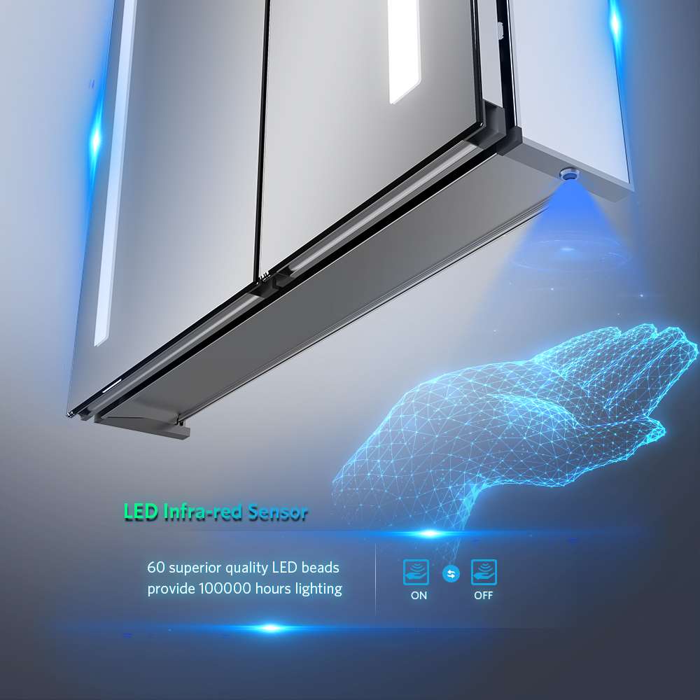 Tokvon Led Illuminated Mirror Cabinet With IR Sensor Shaver Socket USB Port 2-Door 630 x 650mm Strip Lights