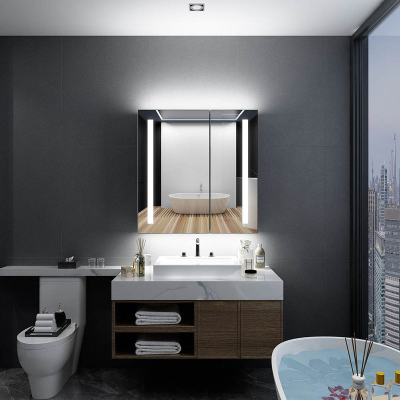 Tokvon Penumbra Led Illuminated Aluminum Bathroom Mirror Cabinet With IR Sensor Switch Shaver Socket Strip Lights Double Door 630 x 650mm