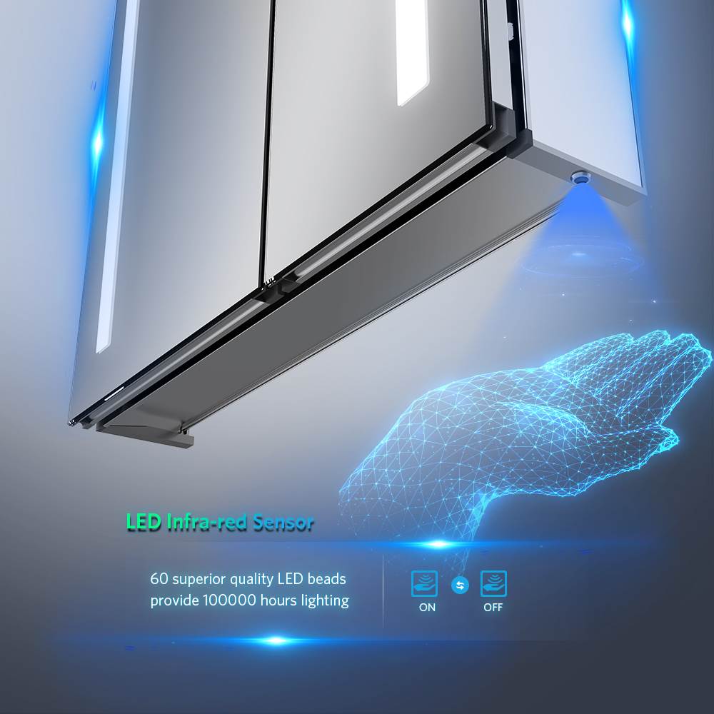 Tokvon Led Illuminated Mirror Cabinet With IR Sensor Shaver Socket USB Port 2-Door 630 x 650mm Strip Lights