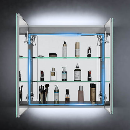 Tokvon Penumbra Led Illuminated Aluminum Bathroom Mirror Cabinet With IR Sensor Switch Shaver Socket Strip Lights Double Door 630 x 650mm