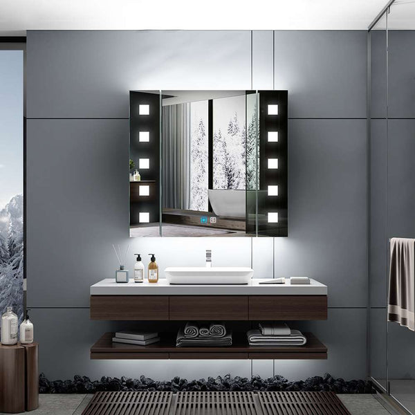 Tokvon Gondola led illuminated bathroom mirror cabinet with led dimmer switch shaver socket demister 650 x 600 mm