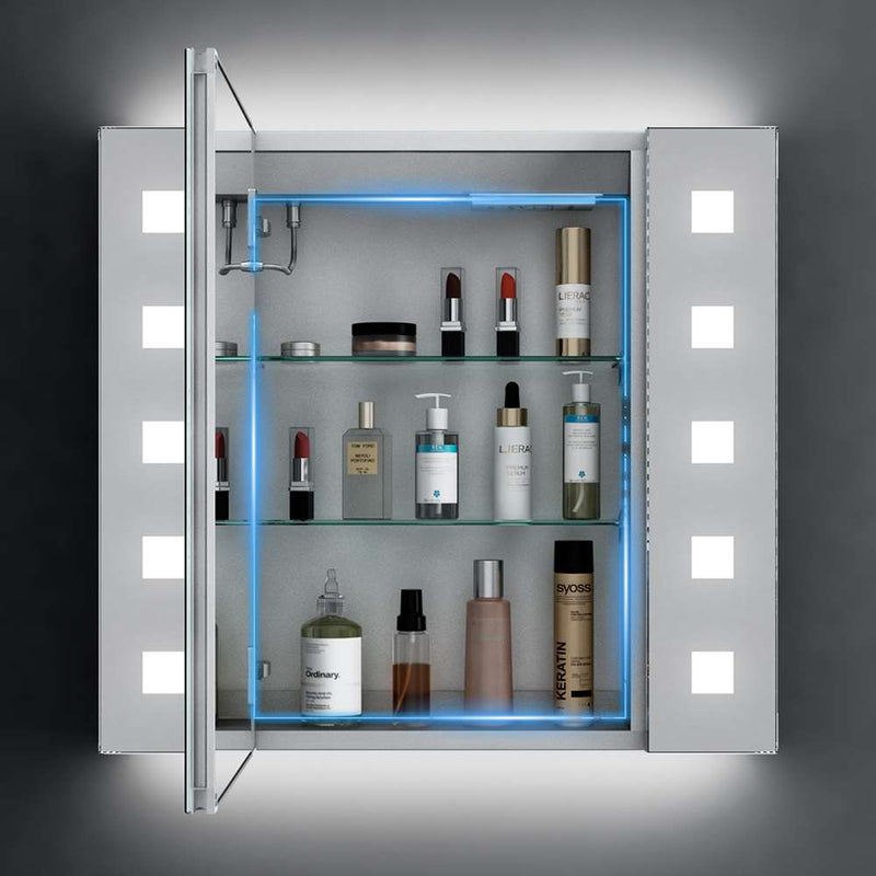 Tokvon Gondola led illuminated bathroom mirror cabinet with led dimmer switch shaver socket demister 650 x 600 mm