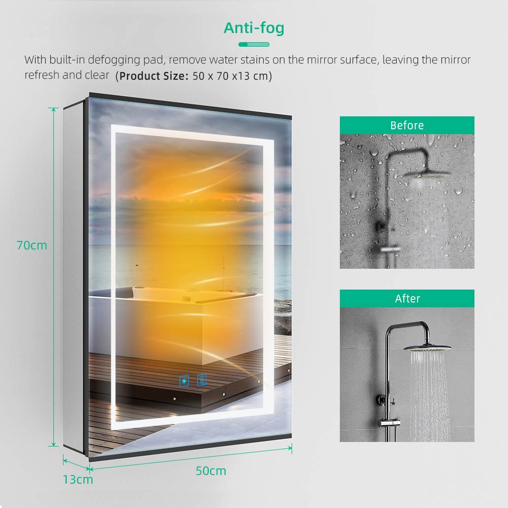 LED Mirror Cabinet with Matt Black Aluminum Touch-Switch Anti-fog Shaver Socket 50 x 70cm