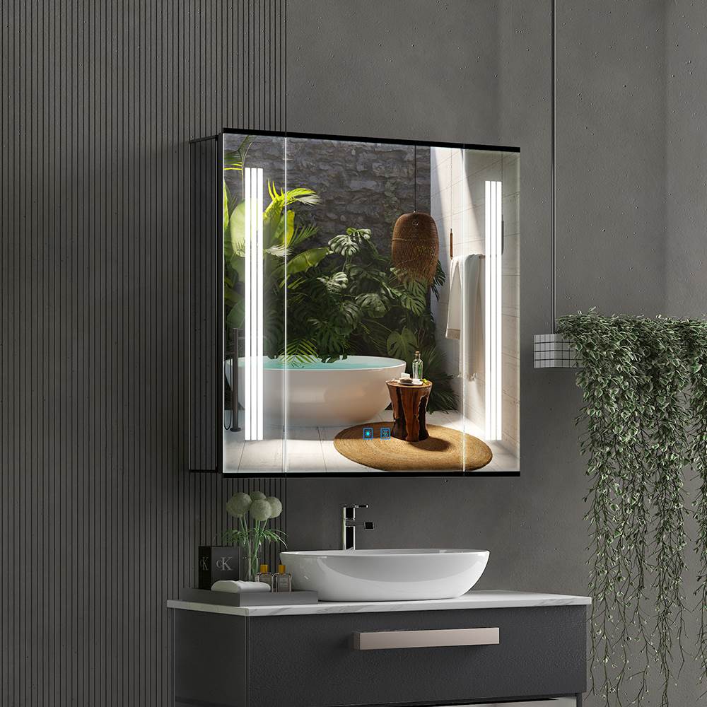LED Mirror Cabinet with Matt Black Aluminum Touch-Switch Anti-fog Shaver Socket Strip Lights 65 x 60cm