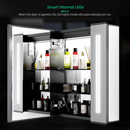 LED Mirror Cabinet with Matt Black Aluminum Touch-Switch Anti-fog Shaver Socket Strip Lights 65 x 60cm