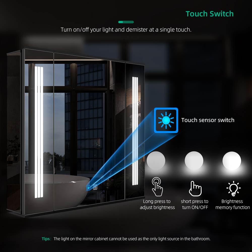 LED Mirror Cabinet with Matt Black Aluminum Touch-Switch Anti-fog Shaver Socket Strip Lights 65 x 60cm