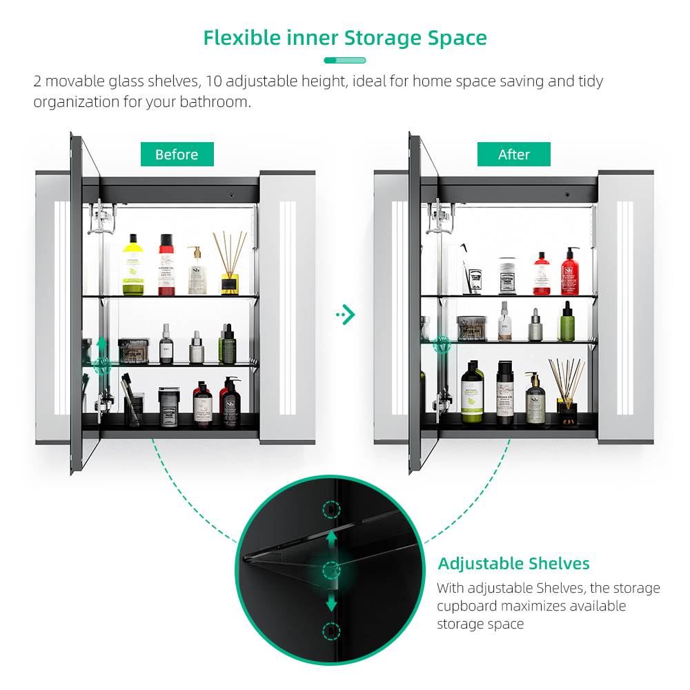 LED Mirror Cabinet with Matt Black Aluminum Touch-Switch Anti-fog Shaver Socket Strip Lights 65 x 60cm