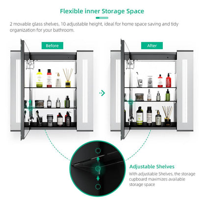 LED Mirror Cabinet with Matt Black Aluminum Touch-Switch Anti-fog Shaver Socket Strip Lights 65 x 60cm