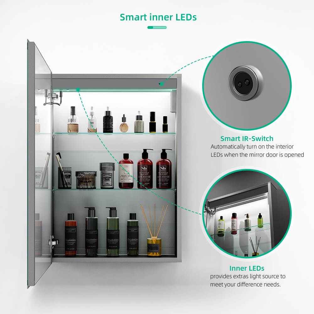LED Mirror Cabinet with Silver Aluminum Touch-Switch Anti-fog Shaver Socket 50 x 70cm