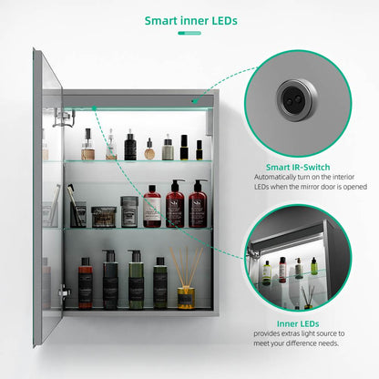 LED Mirror Cabinet with Silver Aluminum Touch-Switch Anti-fog Shaver Socket 50 x 70cm