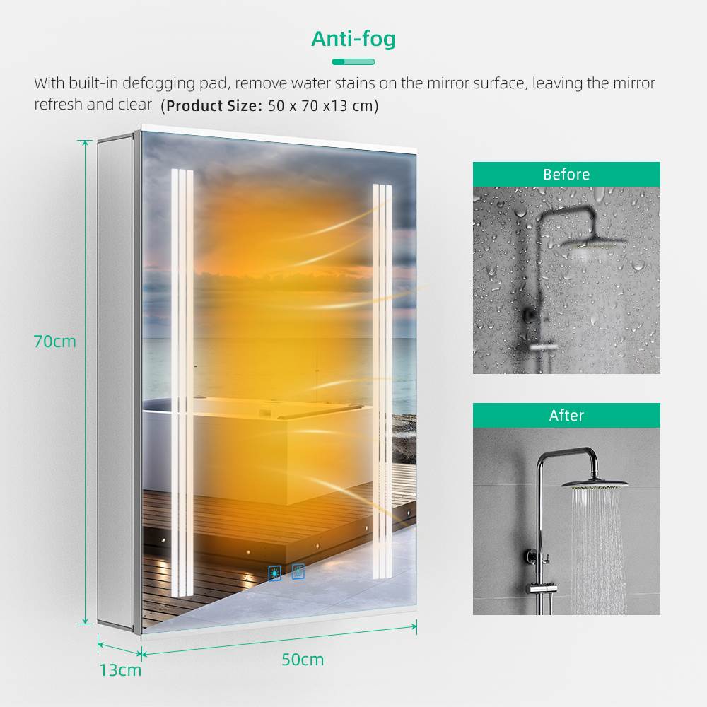 LED Mirror Cabinet with Silver Aluminum Touch-Switch Anti-fog Shaver Socket 50 x 70cm