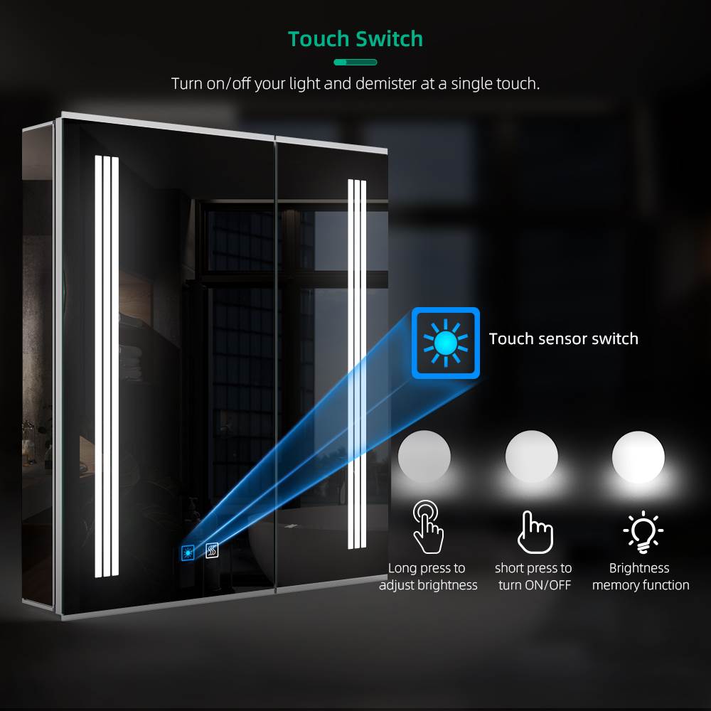 LED Mirror Cabinet with Silver Aluminum Touch-Switch Demister Shaver Socket 2-Doors 60 x 70cm