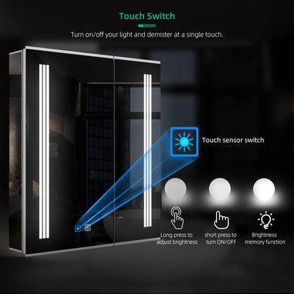 LED Mirror Cabinet with Silver Aluminum Touch-Switch Demister Shaver Socket 2-Doors 60 x 70cm