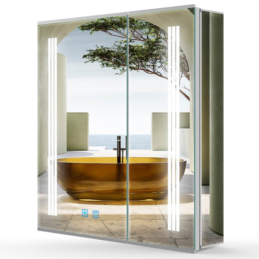 LED Mirror Cabinet with Silver Aluminum Touch-Switch Demister Shaver Socket 2-Doors 60 x 70cm