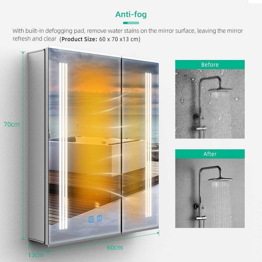 LED Mirror Cabinet with Silver Aluminum Touch-Switch Demister Shaver Socket 2-Doors 60 x 70cm