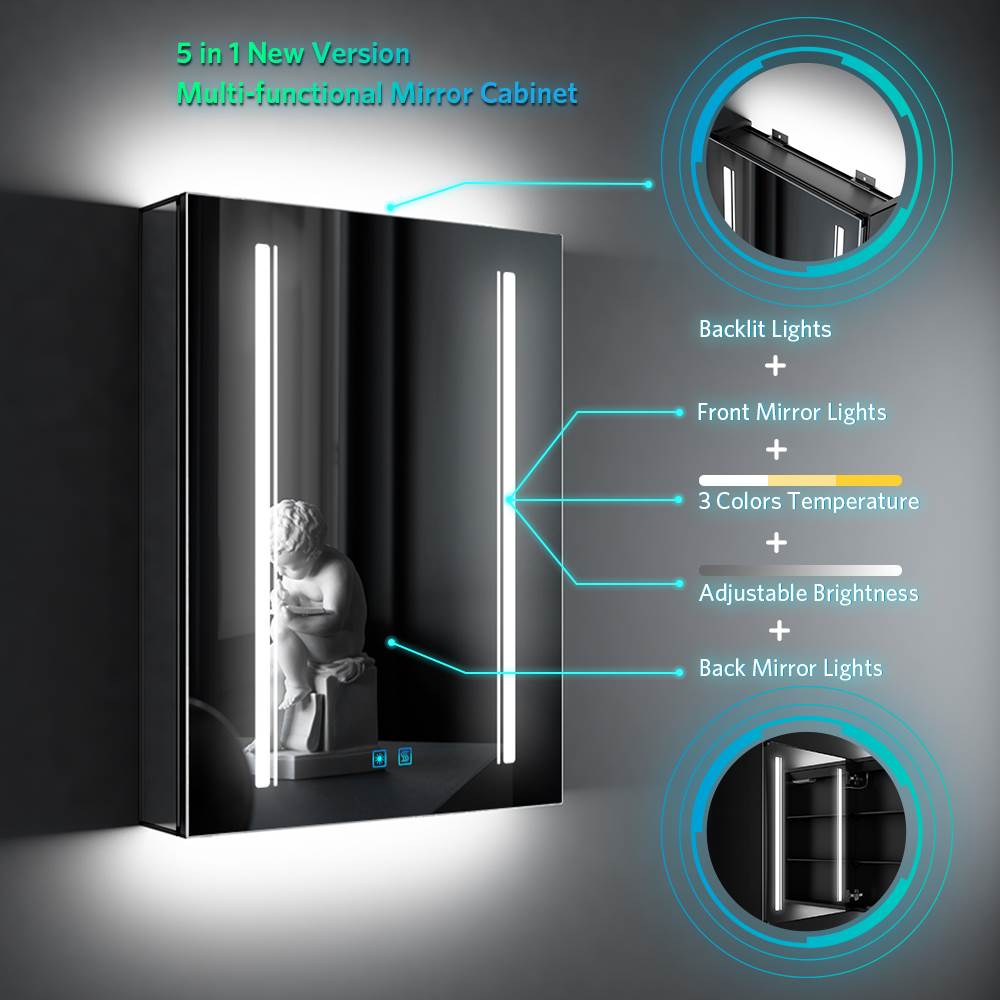 Tokvon® Rivulet led Illuminated Bathroom Mirror Cabinet Matte Black Aluminum with Adjustable Color Temperature 500 x 700mm