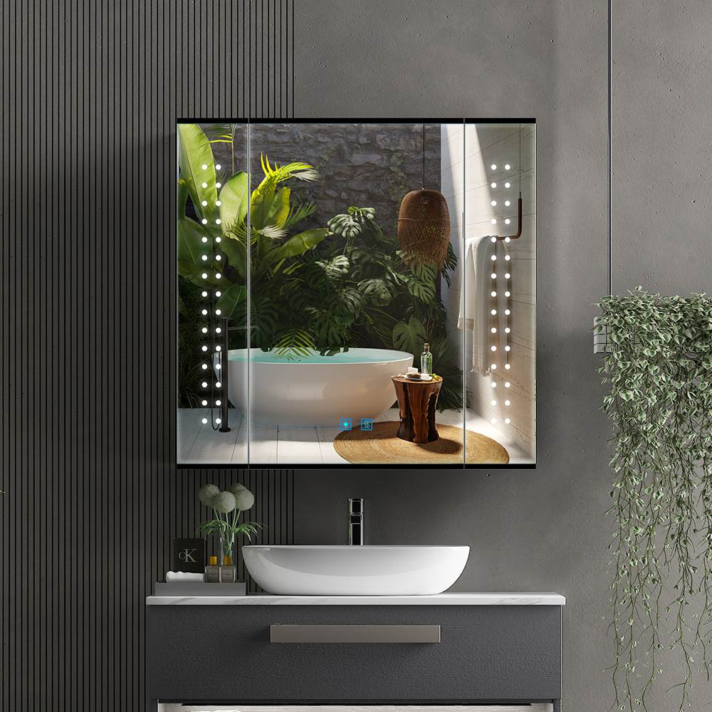 Led Illuminated Mirror Cabinet Matte Black Aluminum Design with Shaver Socket 65 x 60cm