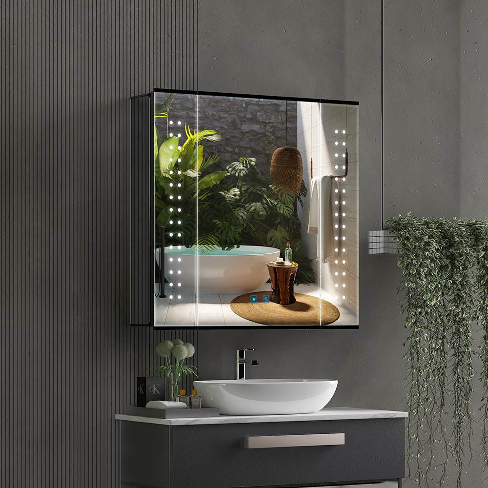 Led Illuminated Mirror Cabinet Matte Black Aluminum Design with Shaver Socket 65 x 60cm