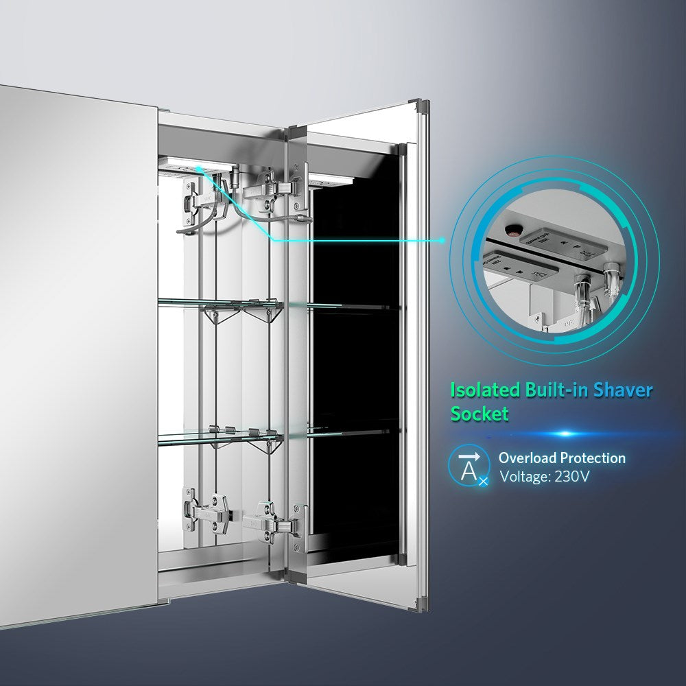 Tokvon Penumbra Led Illuminated Aluminum Bathroom Mirror Cabinet With IR Sensor Switch Shaver Socket Strip Lights Double Door 630 x 650mm