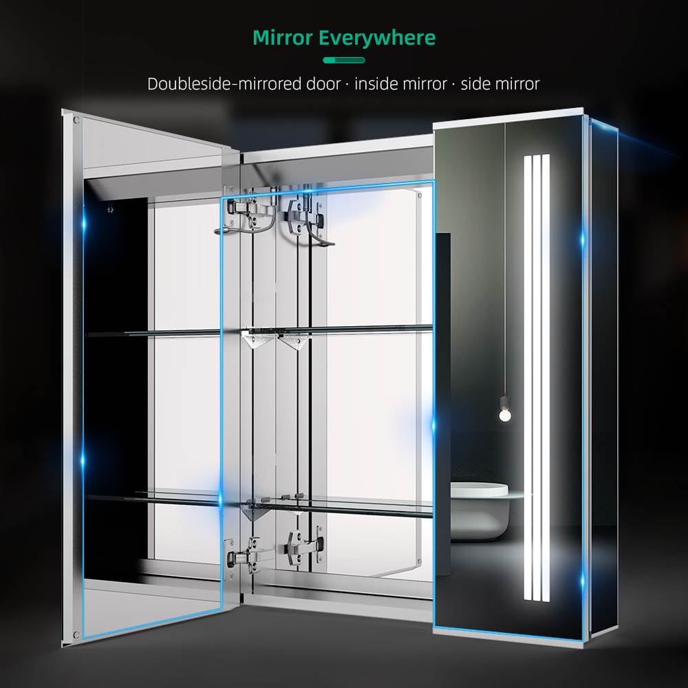 LED Mirror Cabinet with Silver Aluminum Touch-Switch Demister Shaver Socket 2-Doors 60 x 70cm