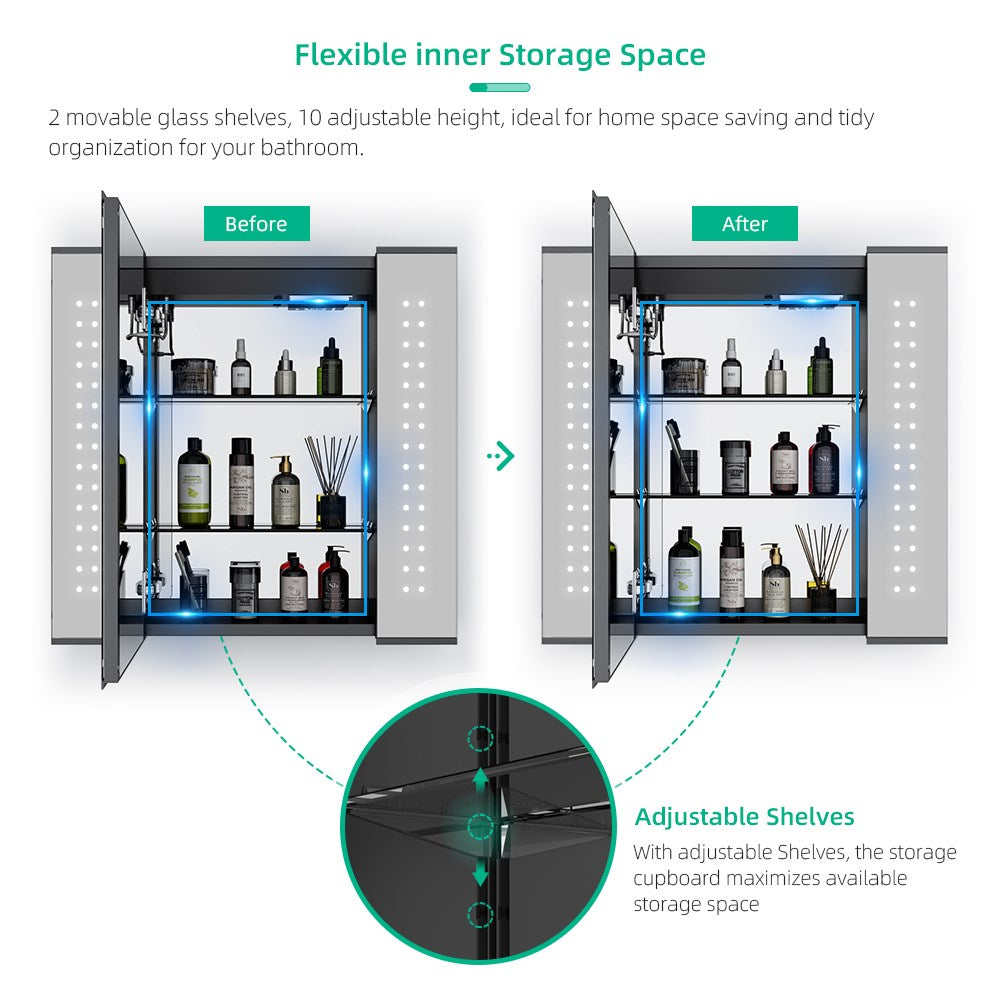 Led Illuminated Mirror Cabinet Matte Black Aluminum Design with Shaver Socket 65 x 60cm