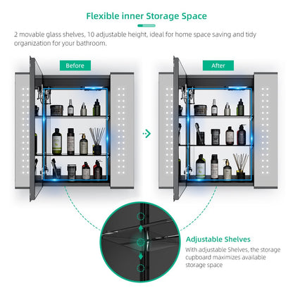 Led Illuminated Mirror Cabinet Matte Black Aluminum Design with Shaver Socket 65 x 60cm