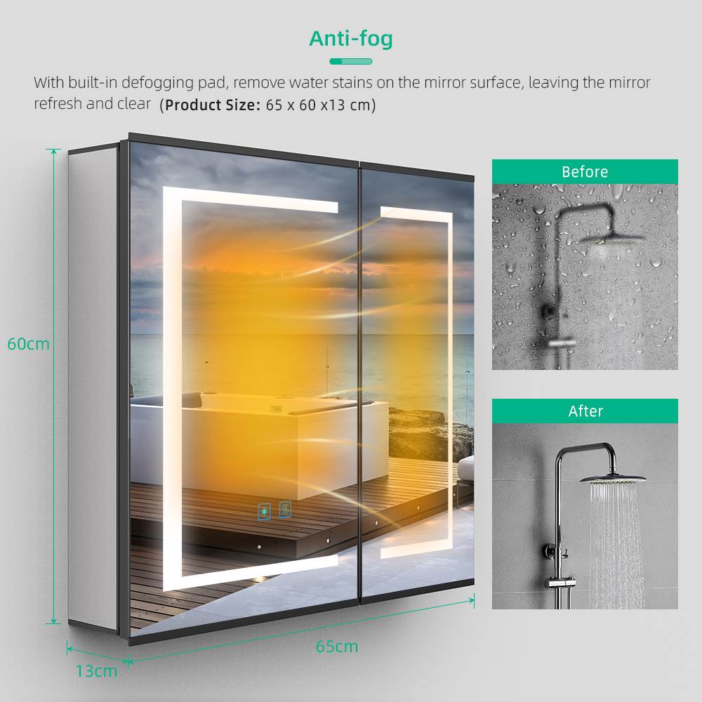 LED Mirror Cabinet with Matt Black Aluminum Touch-Switch Anti-fog Shaver Socket 2-Doors 65 x 60cm