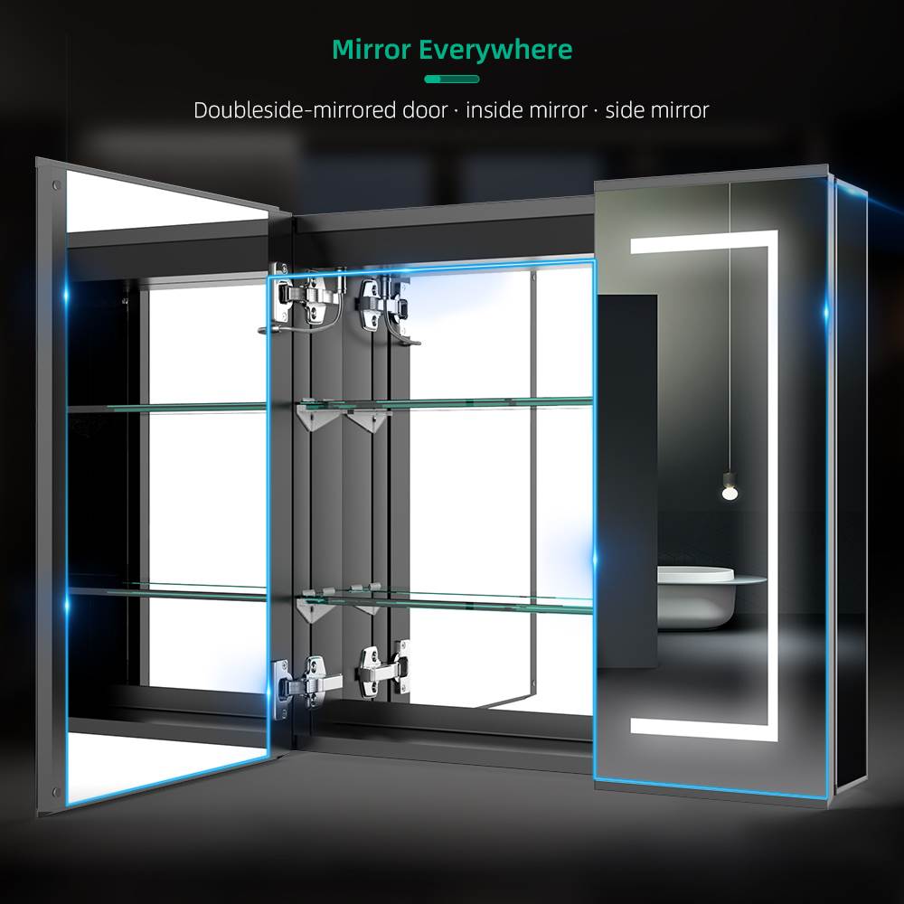 LED Mirror Cabinet with Matt Black Aluminum Touch-Switch Anti-fog Shaver Socket 2-Doors 65 x 60cm