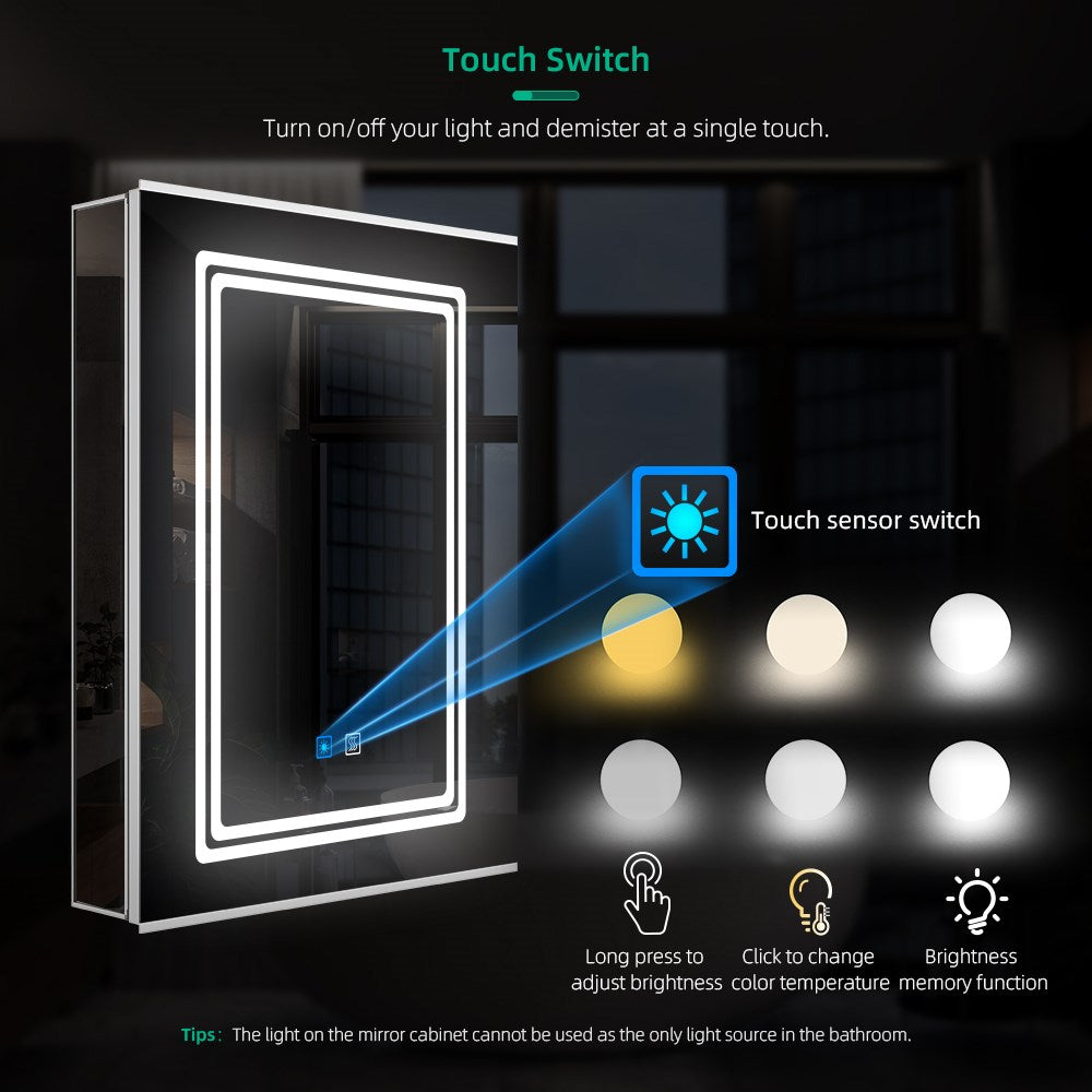 LED Mirror Cabinet with Silver Aluminum Touch-Switch Demister Shaver Socket 50 x 70cm