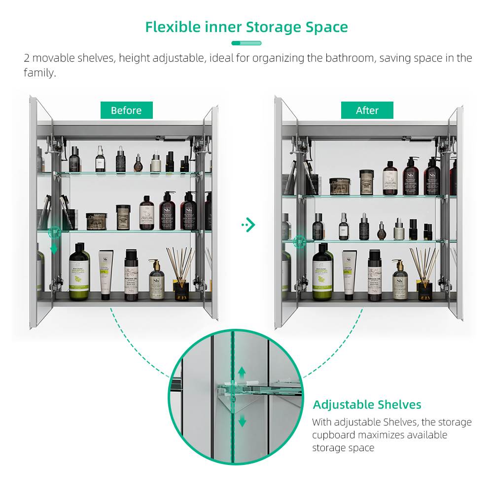 LED Mirror Cabinet with Silver Aluminum Touch-Switch Demister Shaver Socket 2-Doors 60 x 70cm