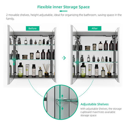 LED Mirror Cabinet with Silver Aluminum Touch-Switch Demister Shaver Socket 2-Doors 60 x 70cm