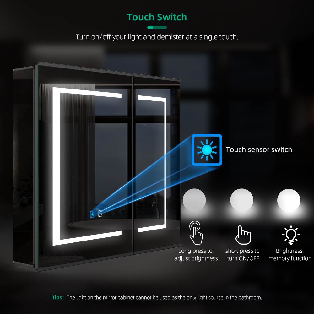 LED Mirror Cabinet with Matt Black Aluminum Touch-Switch Anti-fog Shaver Socket 2-Doors 65 x 60cm