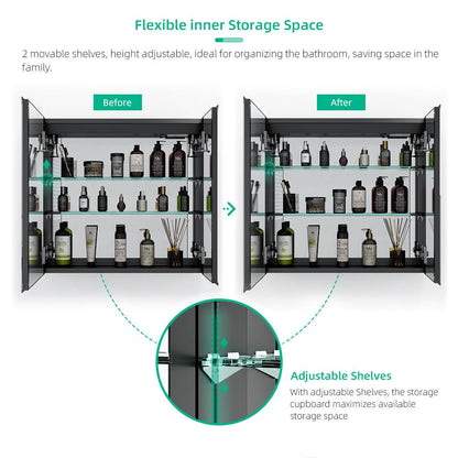 LED Mirror Cabinet with Matt Black Aluminum Touch-Switch Anti-fog Shaver Socket 2-Doors 65 x 60cm