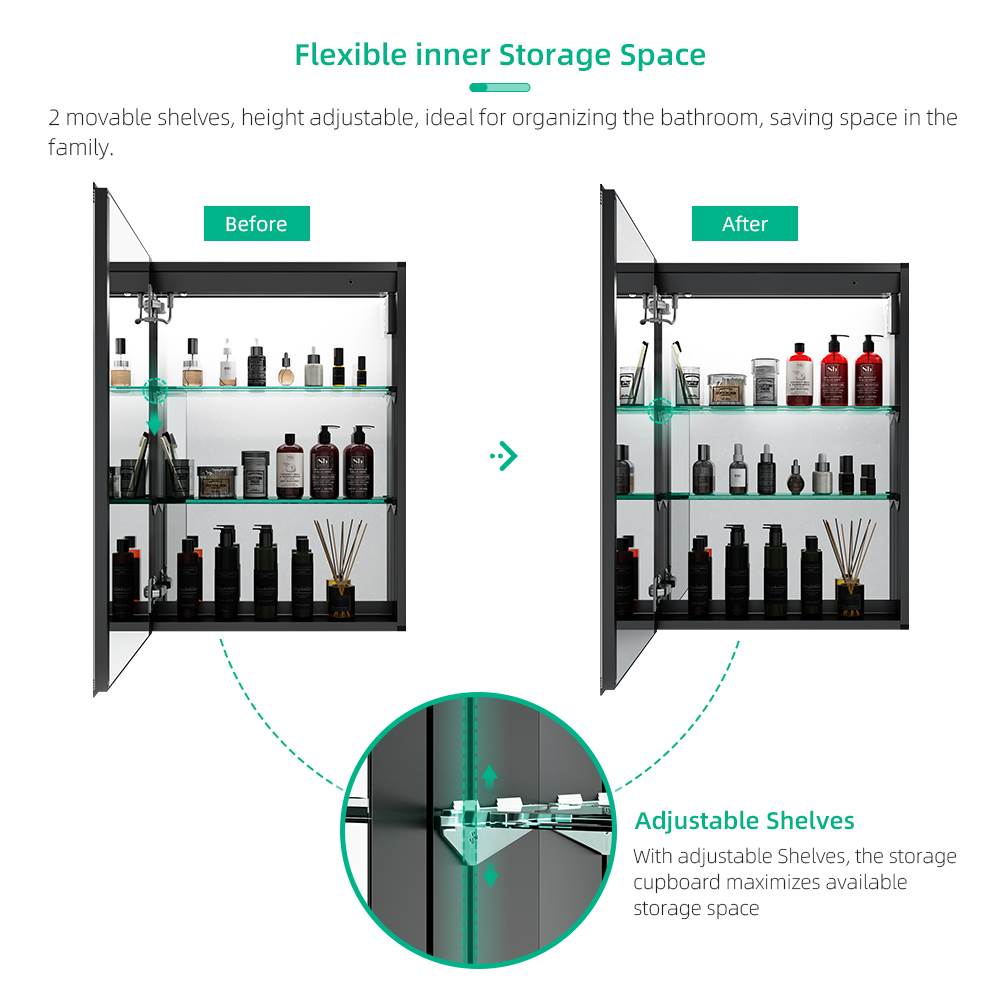 LED Mirror Cabinet with Matt Black Aluminum Touch-Switch Demister Shaver Socket 50 x 70cm