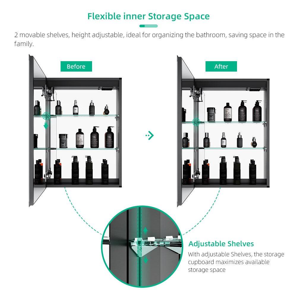 LED Mirror Cabinet with Matt Black Aluminum Touch-Switch Anti-fog Shaver Socket 50 x 70cm