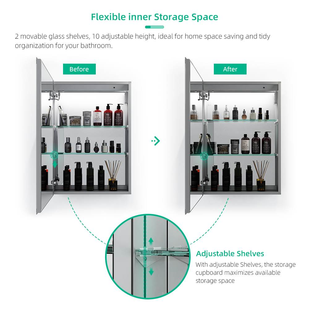 LED Mirror Cabinet with Silver Aluminum Touch-Switch Anti-fog Shaver Socket 50 x 70cm