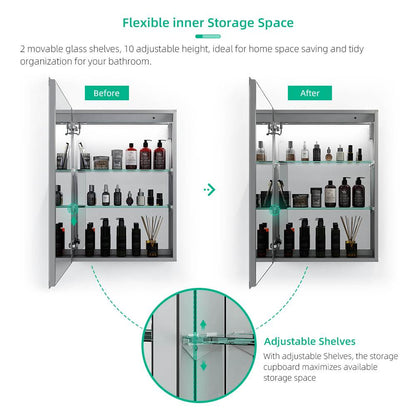 LED Mirror Cabinet with Silver Aluminum Touch-Switch Anti-fog Shaver Socket 50 x 70cm