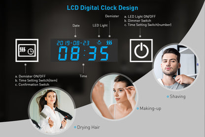 Tokvon Ripple Led Illuminated Aluminum Bathroom Mirror With LCD Digital Clock Shaver Socket 500 x 700mm