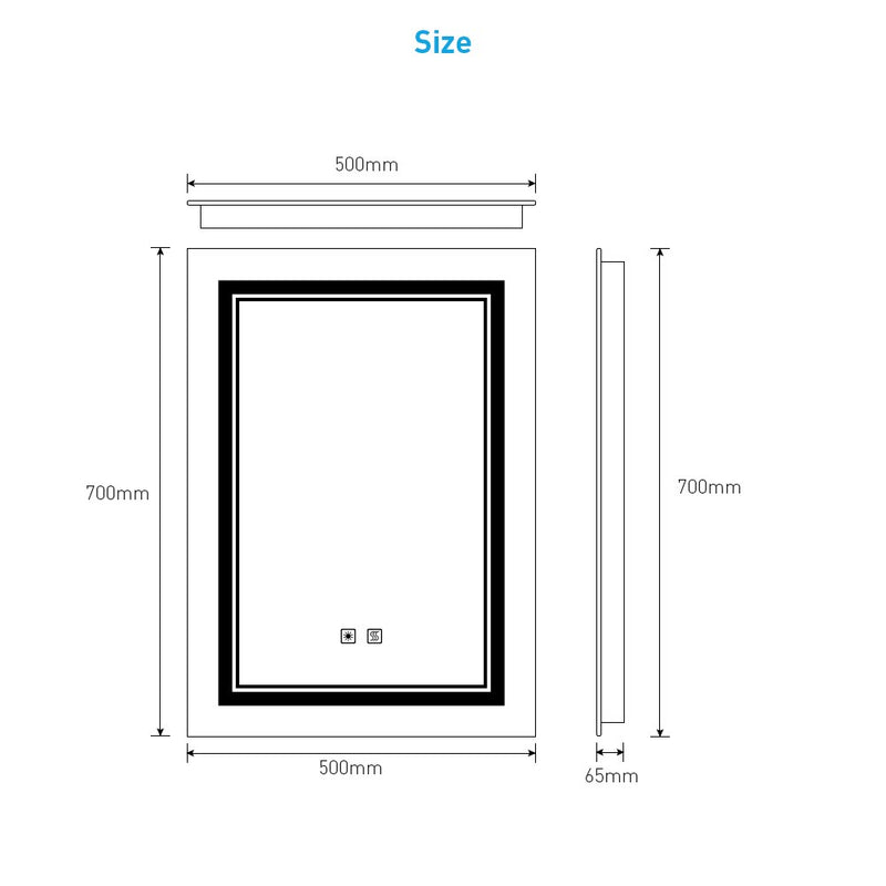 Tokvon Picasso led illuminated bathroom mirror with adjustable color temperature switch shaver socket demister 500 x 700 mm