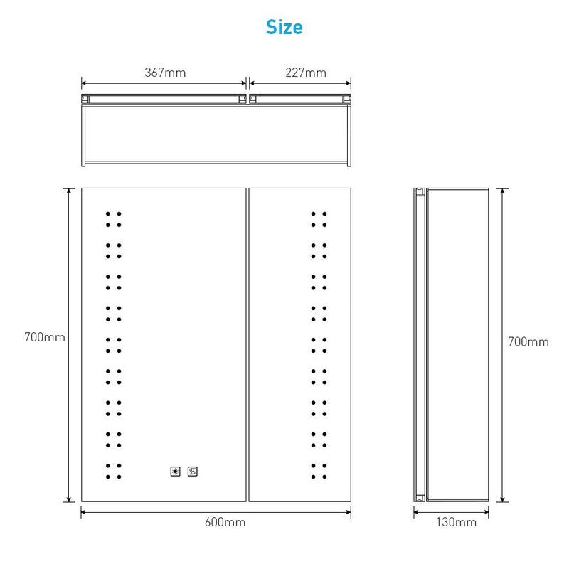 Tokvon® Willow led illuminated bathroom cabinets with adjustable led color temperature shaver socket demister strip lights 600x700mm