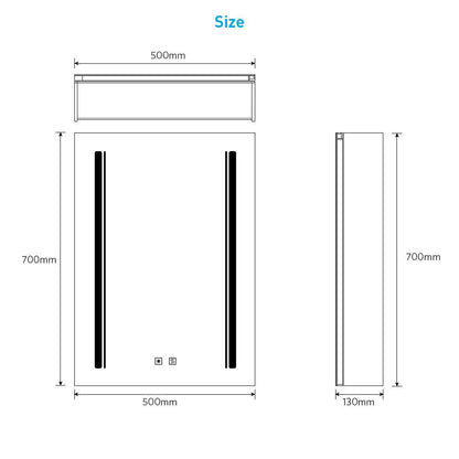 Tokvon® Rivulet led Illuminated Bathroom Mirror Cabinet Matte Black Aluminum with Adjustable Color Temperature 500 x 700mm