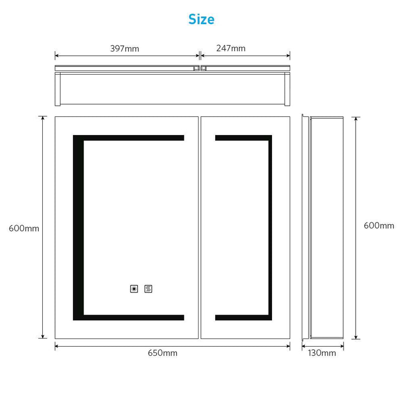 LED Mirror Cabinet with Matt Black Aluminum Touch-Switch Anti-fog Shaver Socket 2-Doors 65 x 60cm